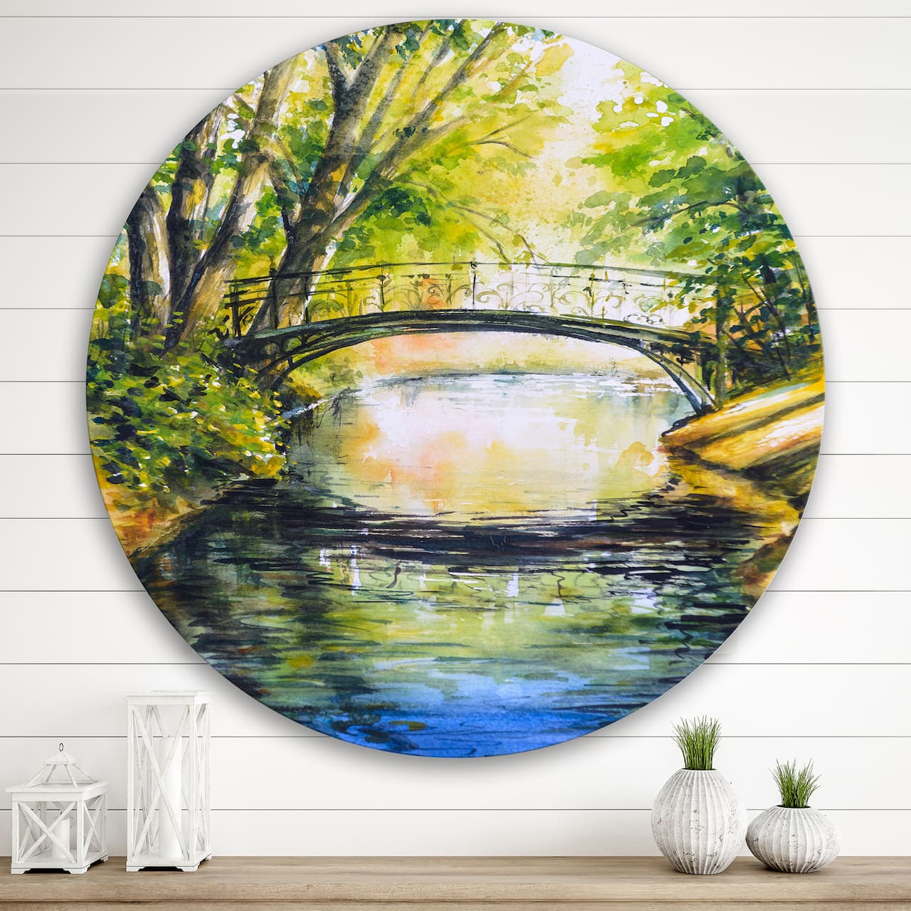 Designart - Bridge Over Troubled Water In Forest Park - Lake House Metal Circle Wall Art